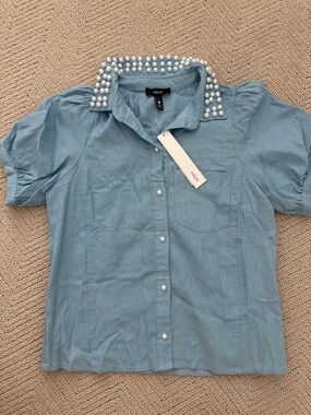 Aqua Light Blue Short-Sleeve Pearl-Collar Button-Down Shirt